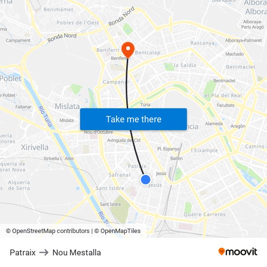 Patraix to Nou Mestalla map