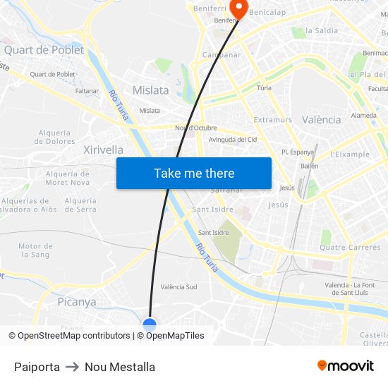 Paiporta to Nou Mestalla map