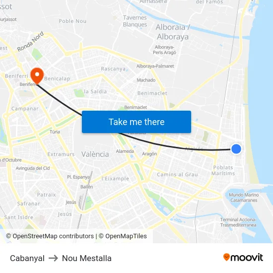 Cabanyal to Nou Mestalla map