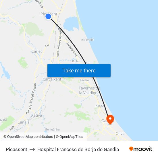 Picassent to Hospital Francesc de Borja de Gandia map