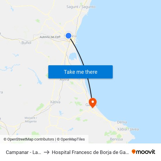 Campanar - La Fe to Hospital Francesc de Borja de Gandia map