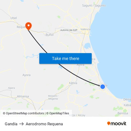 Gandía to Aerodromo Requena map