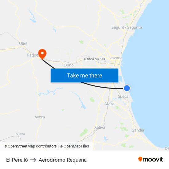 El Perelló to Aerodromo Requena map
