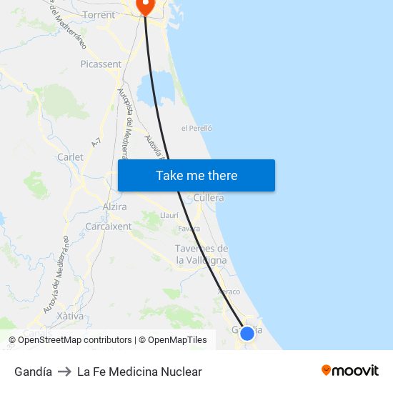 Gandía to La Fe Medicina Nuclear map