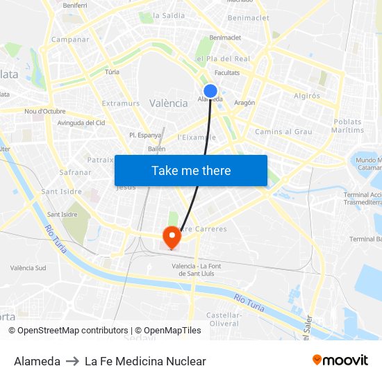 Alameda to La Fe Medicina Nuclear map