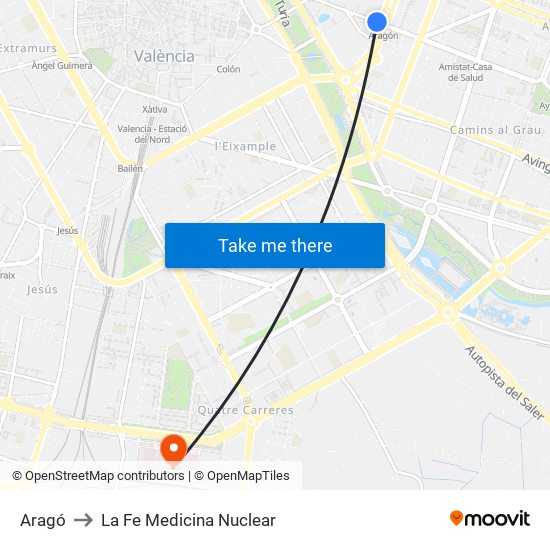 Aragó to La Fe Medicina Nuclear map