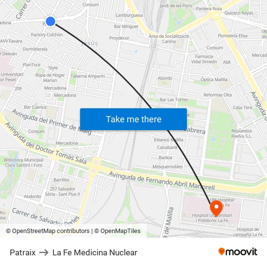 Patraix to La Fe Medicina Nuclear map