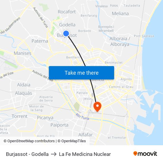 Burjassot - Godella to La Fe Medicina Nuclear map