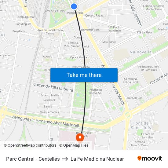 Parc Central - Centelles to La Fe Medicina Nuclear map