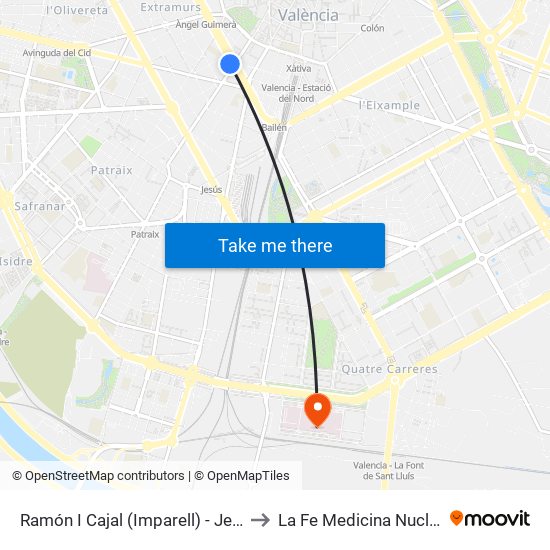 Ramón I Cajal (Imparell) - Jesús to La Fe Medicina Nuclear map