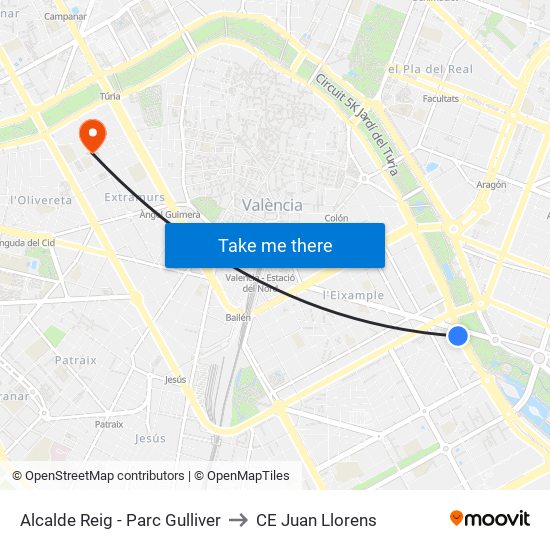 Alcalde Reig - Parc Gulliver to CE Juan Llorens map