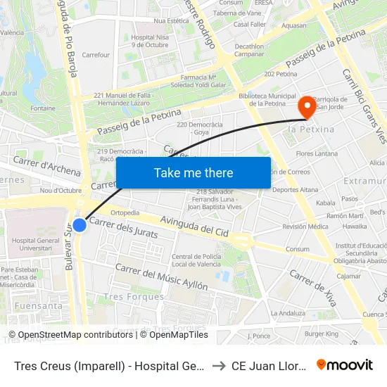 Tres Creus (Imparell) - Hospital General to CE Juan Llorens map
