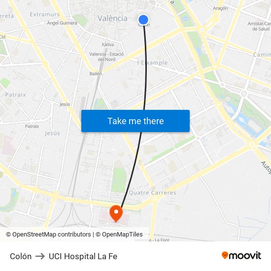 Colón to UCI Hospital La Fe map