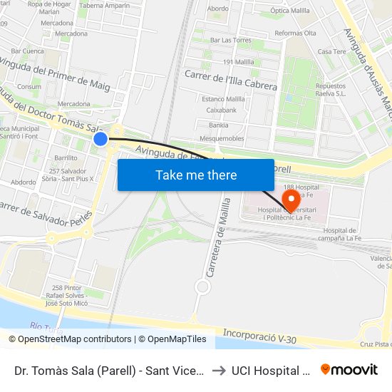 Doctor Tomás Sala (Parell) - Sant Vicent Màrtir to UCI Hospital La Fe map