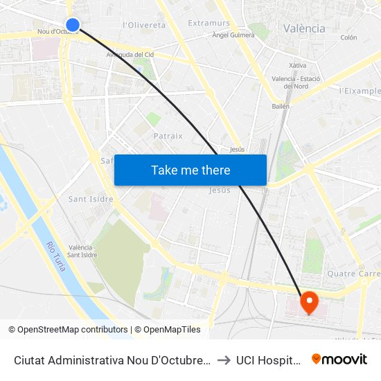 Ciutat Administrativa Nou D'Octubre - Lluís Lamarca to UCI Hospital La Fe map