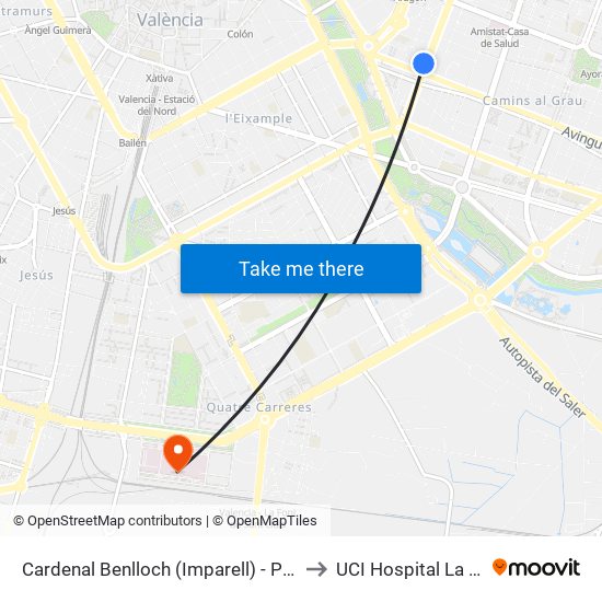 Cardenal Benlloch (Imparell) - Port to UCI Hospital La Fe map