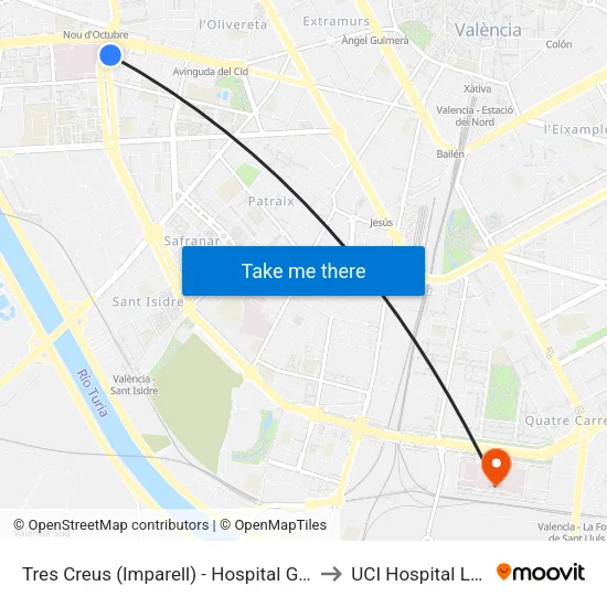 Tres Creus (Imparell) - Hospital General to UCI Hospital La Fe map