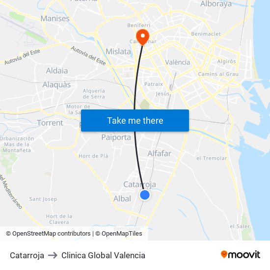 Catarroja to Clinica Global Valencia map