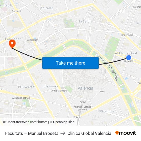 Facultats – Manuel Broseta to Clinica Global Valencia map