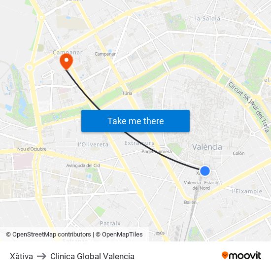 Xàtiva to Clinica Global Valencia map