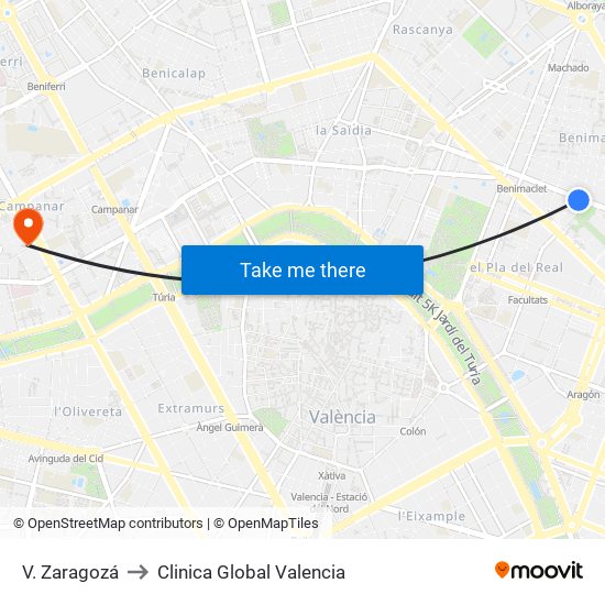 V. Zaragozá to Clinica Global Valencia map