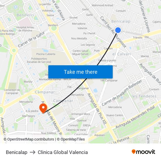 Benicalap to Clinica Global Valencia map
