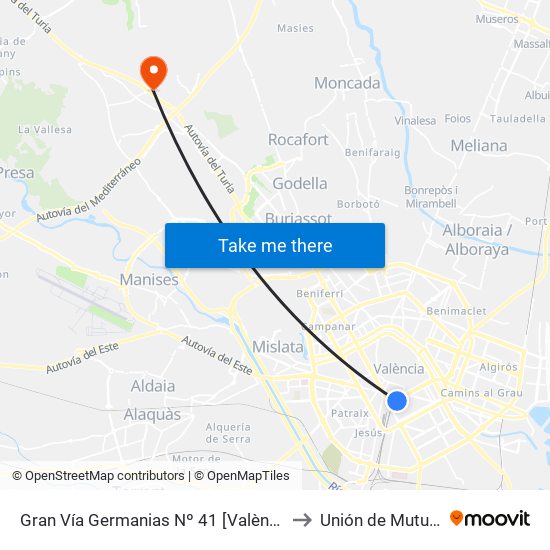 Gran Vía Germanias Nº 41 [València] to Unión de Mutuas map