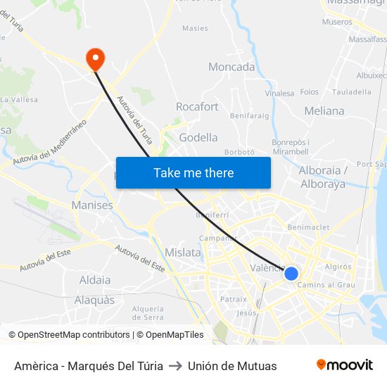 Plaça D'Amèrica - Marqués Del Túria to Unión de Mutuas map