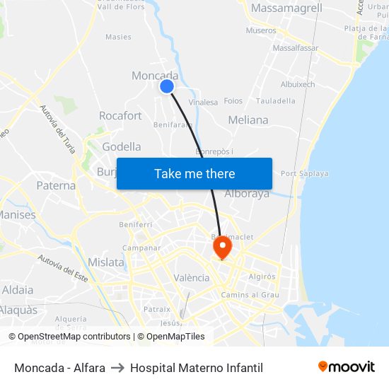 Moncada - Alfara to Hospital Materno Infantil map