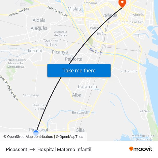 Picassent to Hospital Materno Infantil map