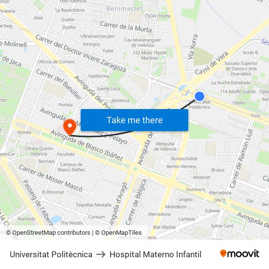 Universitat Politècnica to Hospital Materno Infantil map