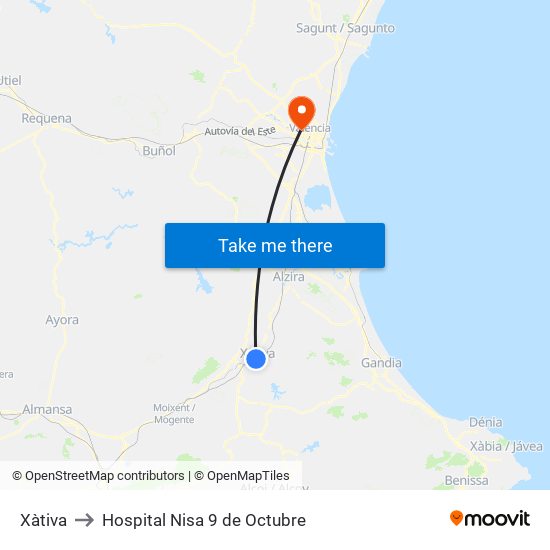 Xàtiva to Hospital Nisa 9 de Octubre map