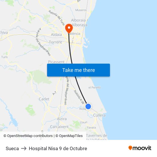 Sueca to Hospital Nisa 9 de Octubre map
