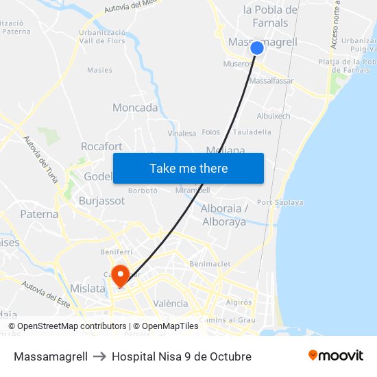 Massamagrell to Hospital Nisa 9 de Octubre map