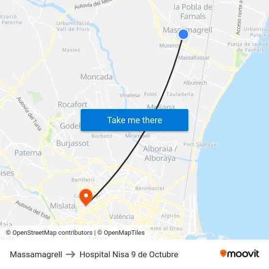 Massamagrell to Hospital Nisa 9 de Octubre map