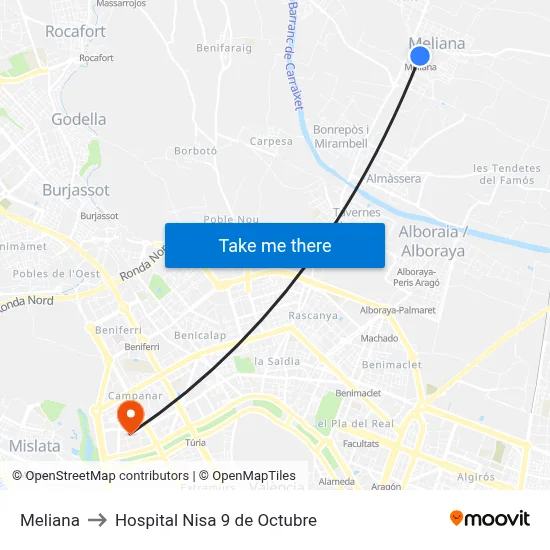 Meliana to Hospital Nisa 9 de Octubre map