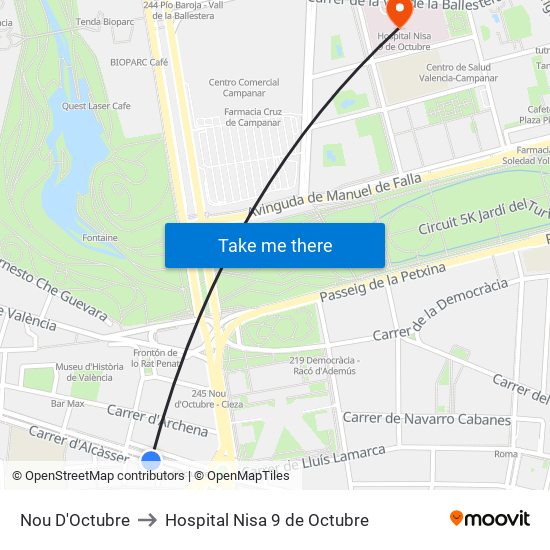 Nou D'Octubre to Hospital Nisa 9 de Octubre map