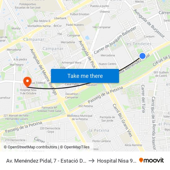 Av. Menéndez Pidal, 7 - Estació D Autobusos [València] to Hospital Nisa 9 de Octubre map