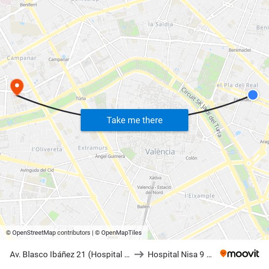 Av. Blasco Ibáñez 21  (Hospital Clínic) [València] to Hospital Nisa 9 de Octubre map