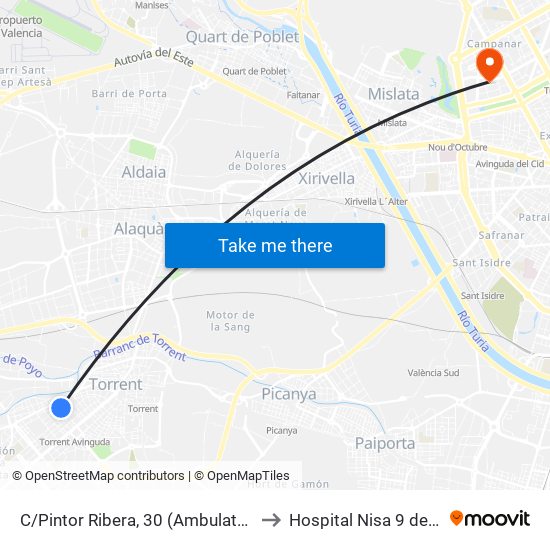 C/Pintor Ribera, 30 (Ambulatori) [Torrent] to Hospital Nisa 9 de Octubre map