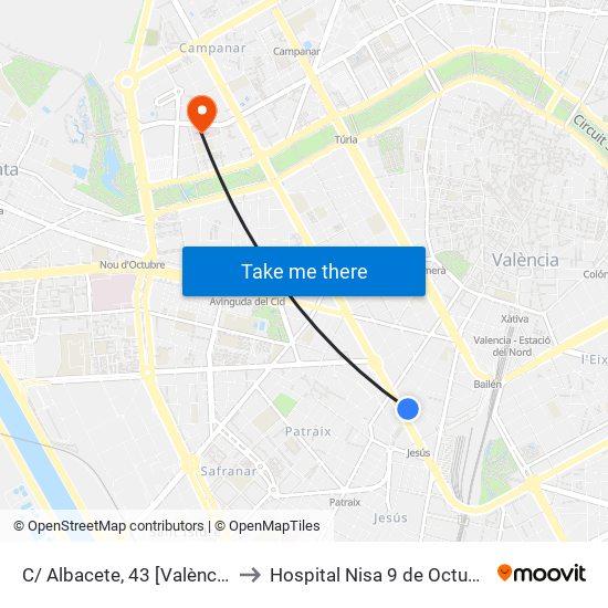 C/ Albacete, 43 [València] to Hospital Nisa 9 de Octubre map