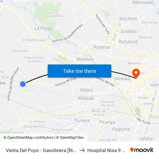 Venta Del Poyo - Gasolinera [Riba-Roja De Túria] to Hospital Nisa 9 de Octubre map