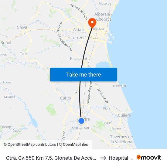 Ctra. Cv-550 Km 7,5. Glorieta De Acceso A La Estación De Renfe (Esq. C/ Guadassuar) ???? [Alzira] to Hospital Nisa 9 de Octubre map