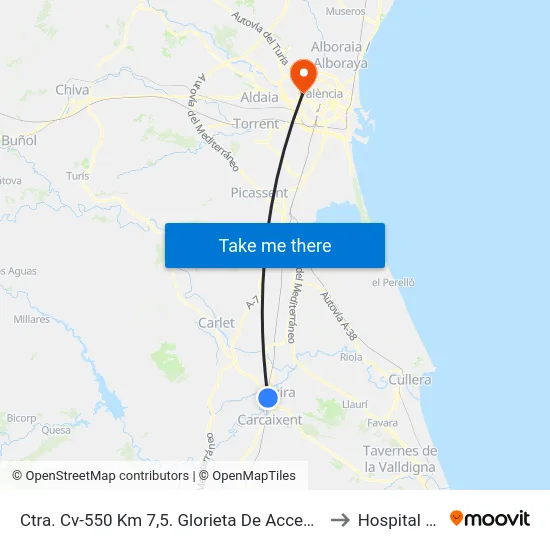 Ctra. Cv-550 Km 7,5. Glorieta De Acceso A La Estación De Adif (Esq. C/ Guadassuar) ???? [Alzira] to Hospital Nisa 9 de Octubre map