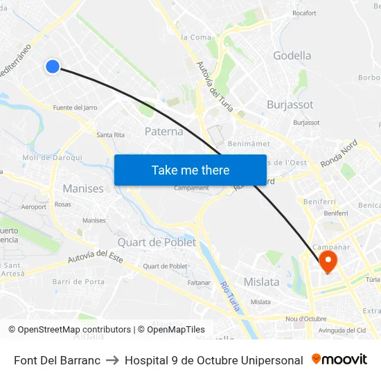 Font Del Barranc to Hospital 9 de Octubre Unipersonal map