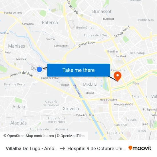 Villalba De Lugo - Ambulatorio to Hospital 9 de Octubre Unipersonal map