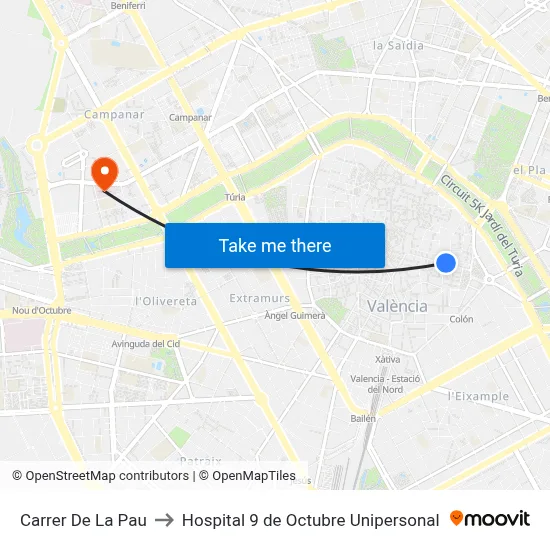 Carrer De La Pau to Hospital 9 de Octubre Unipersonal map