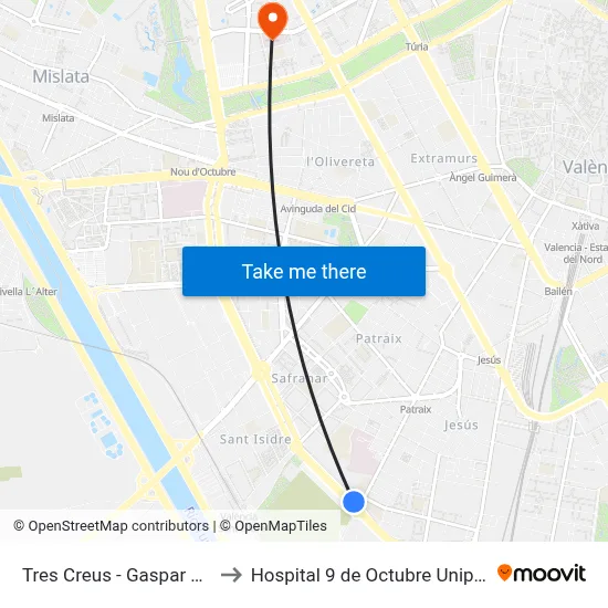 Tres Creus - Gaspar Aguilar to Hospital 9 de Octubre Unipersonal map