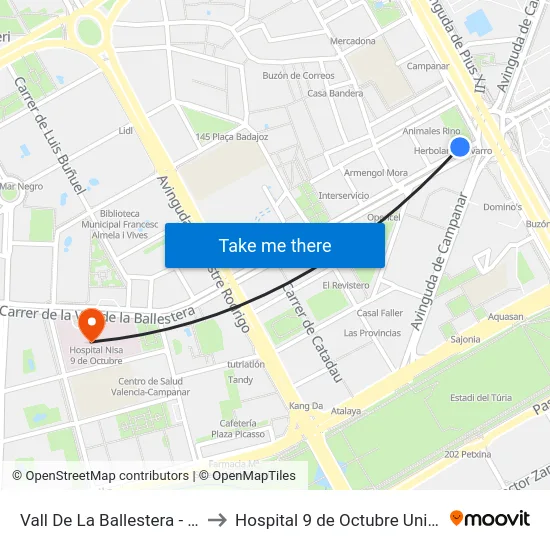 Vall De La Ballestera - Pius XII to Hospital 9 de Octubre Unipersonal map