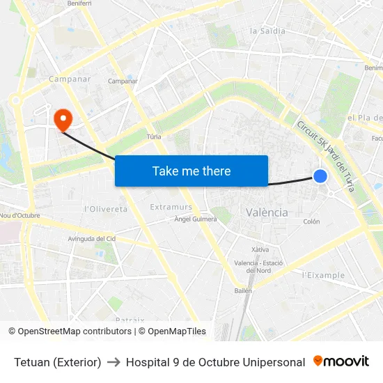 Tetuan (Exterior) to Hospital 9 de Octubre Unipersonal map